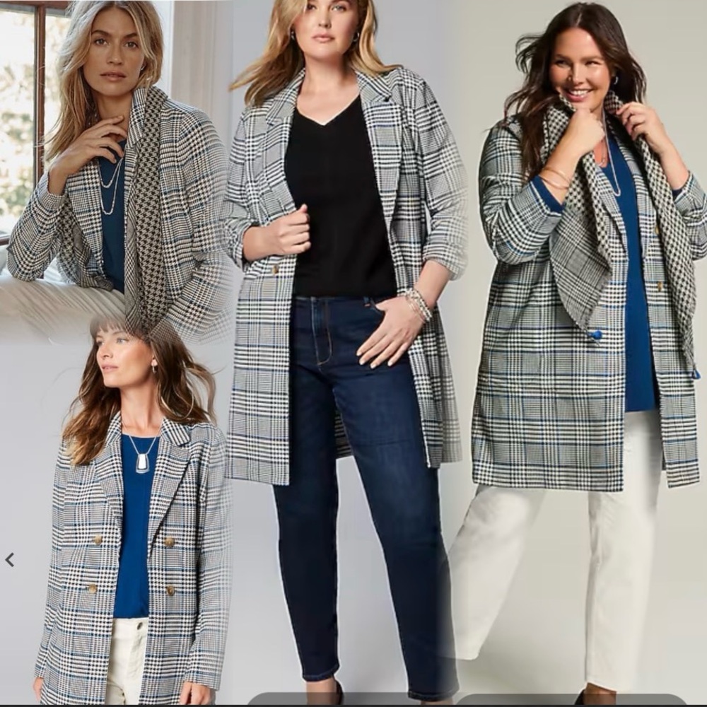 J Jill Long Plaid Duster Open Front Tunic Overcoat Sz L